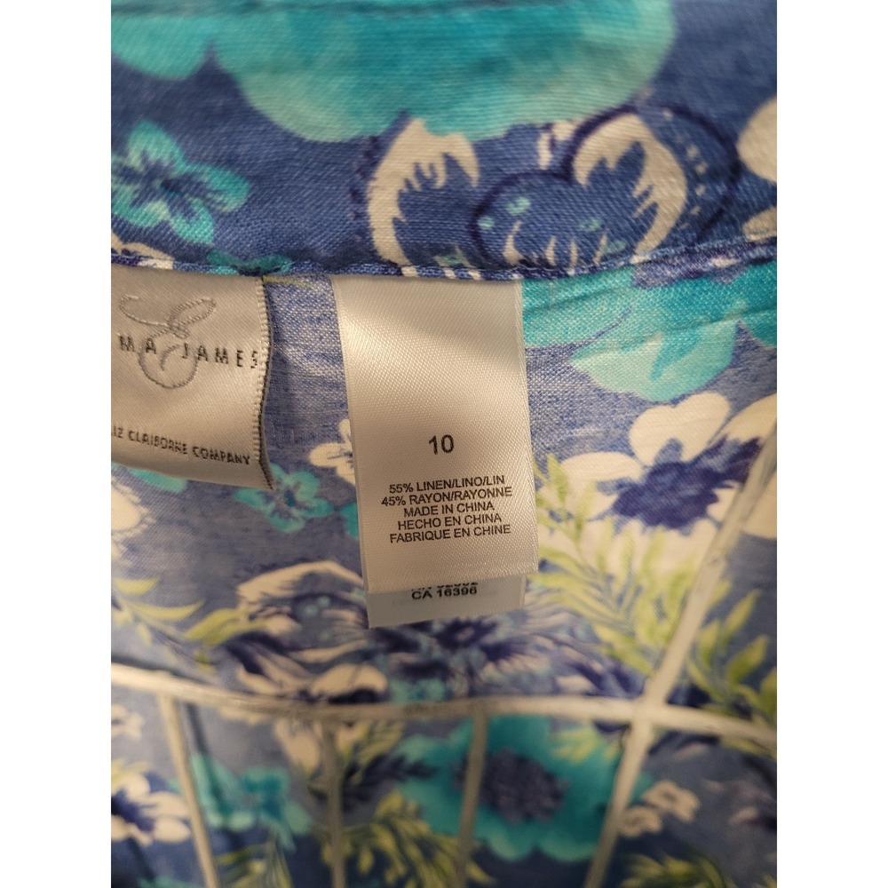 Emma James Liz Claiborne Blouse Womens Blue Floral Linen Blend Tropical Size 10 - Picture 5 of 6